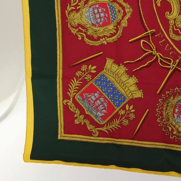 HERMES Carre 90 LES ARMES DE PARIS FLVCTVAT Scarf Silk Red Green Auth bs7738 - Picture 9 of 16